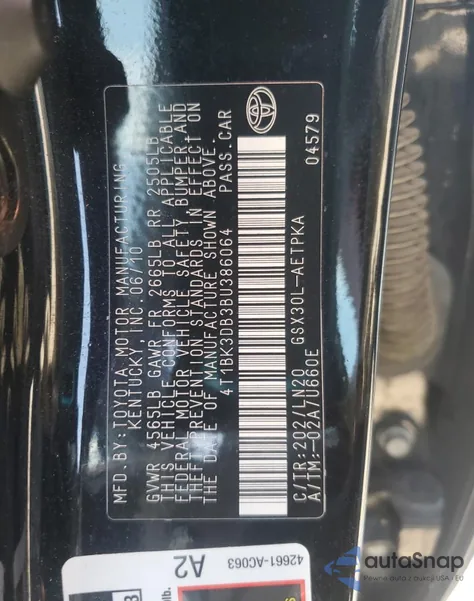 2011 Toyota Avalon Base из США, поврежденный, VIN 4T1BK3DB3BU386064